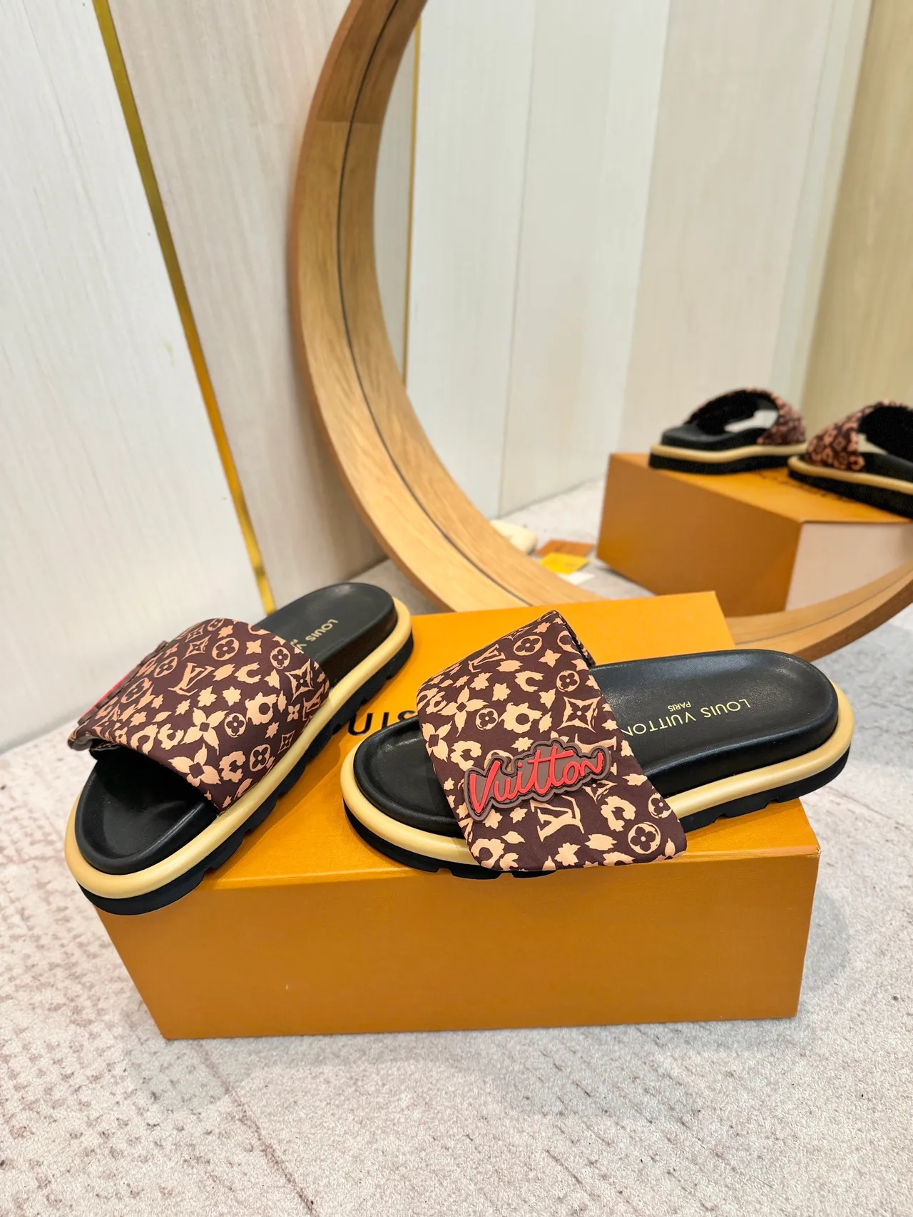 Louis Vuitton LV Slide Brown Beige Monogram-Print Strap Padded Logo Patch Slippers 3