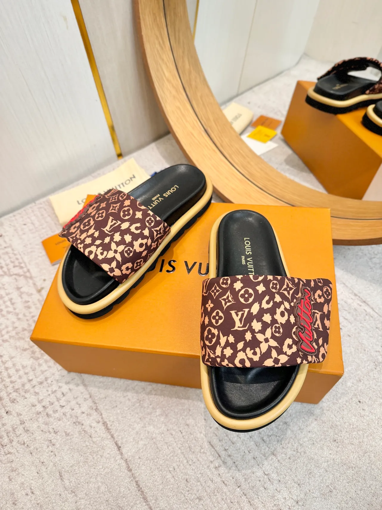 Louis Vuitton LV Slide Brown Beige Monogram-Print Strap Padded Logo Patch Slippers 4