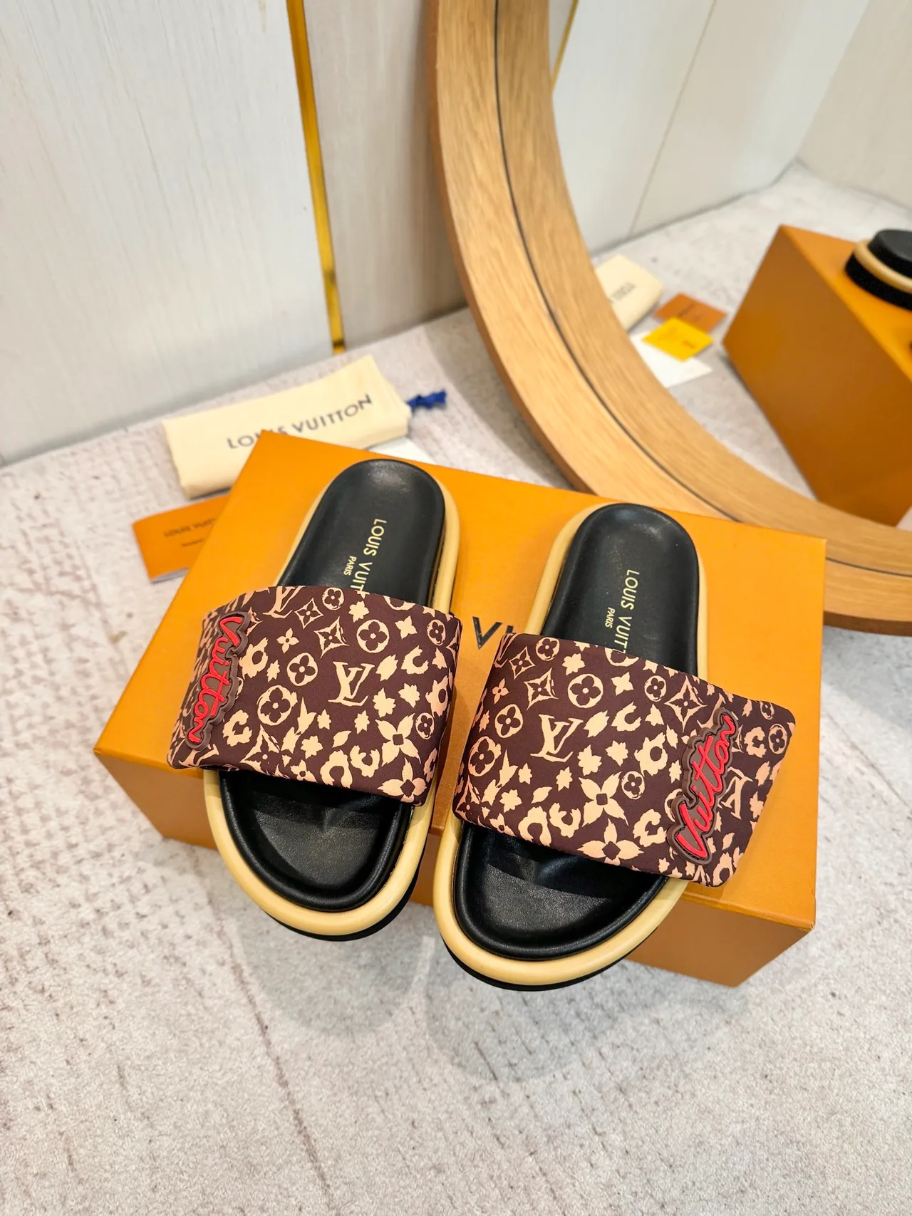 Louis Vuitton LV Slide Brown Beige Monogram-Print Strap Padded Logo Patch Slippers 5