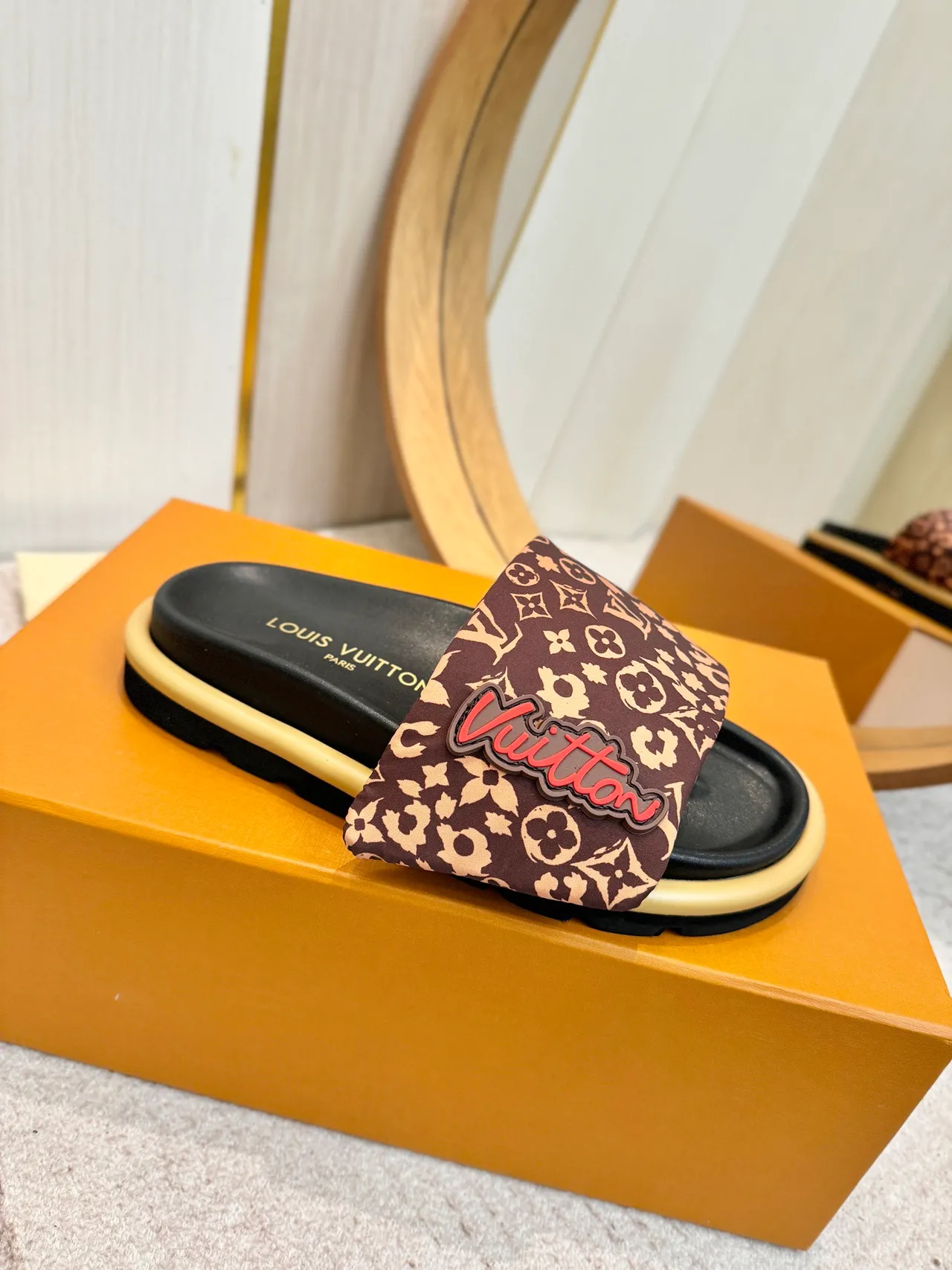Louis Vuitton LV Slide Brown Beige Monogram-Print Strap Padded Logo Patch Slippers 6