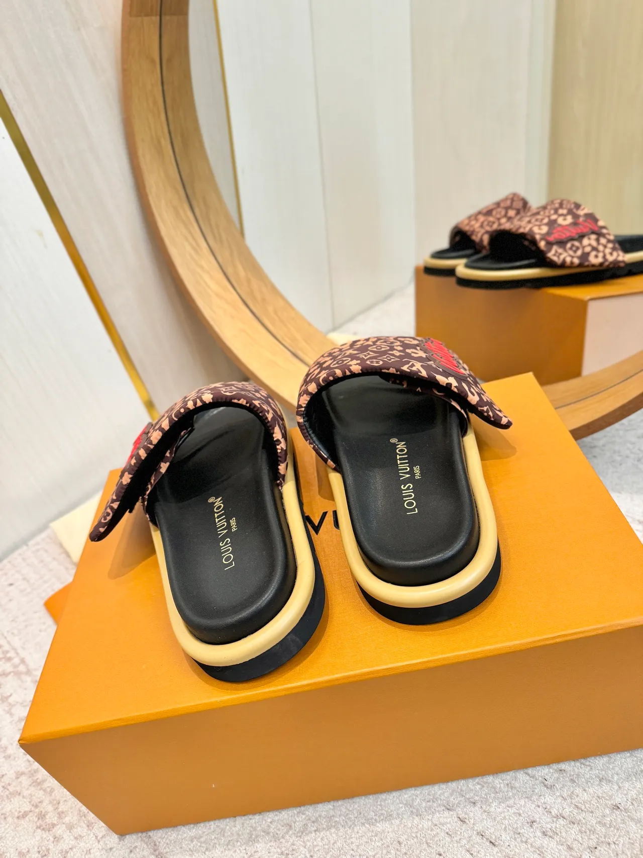 Louis Vuitton LV Slide Brown Beige Monogram-Print Strap Padded Logo Patch Slippers 9