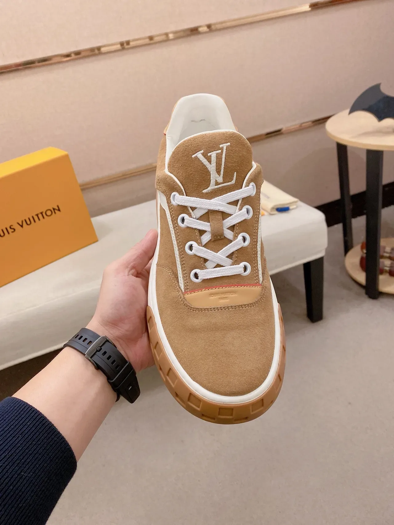 Louis Vuitton LV Trainer Beige White Suede Upper Grid-Patterned Outsole Lifestyle Sneakers 3