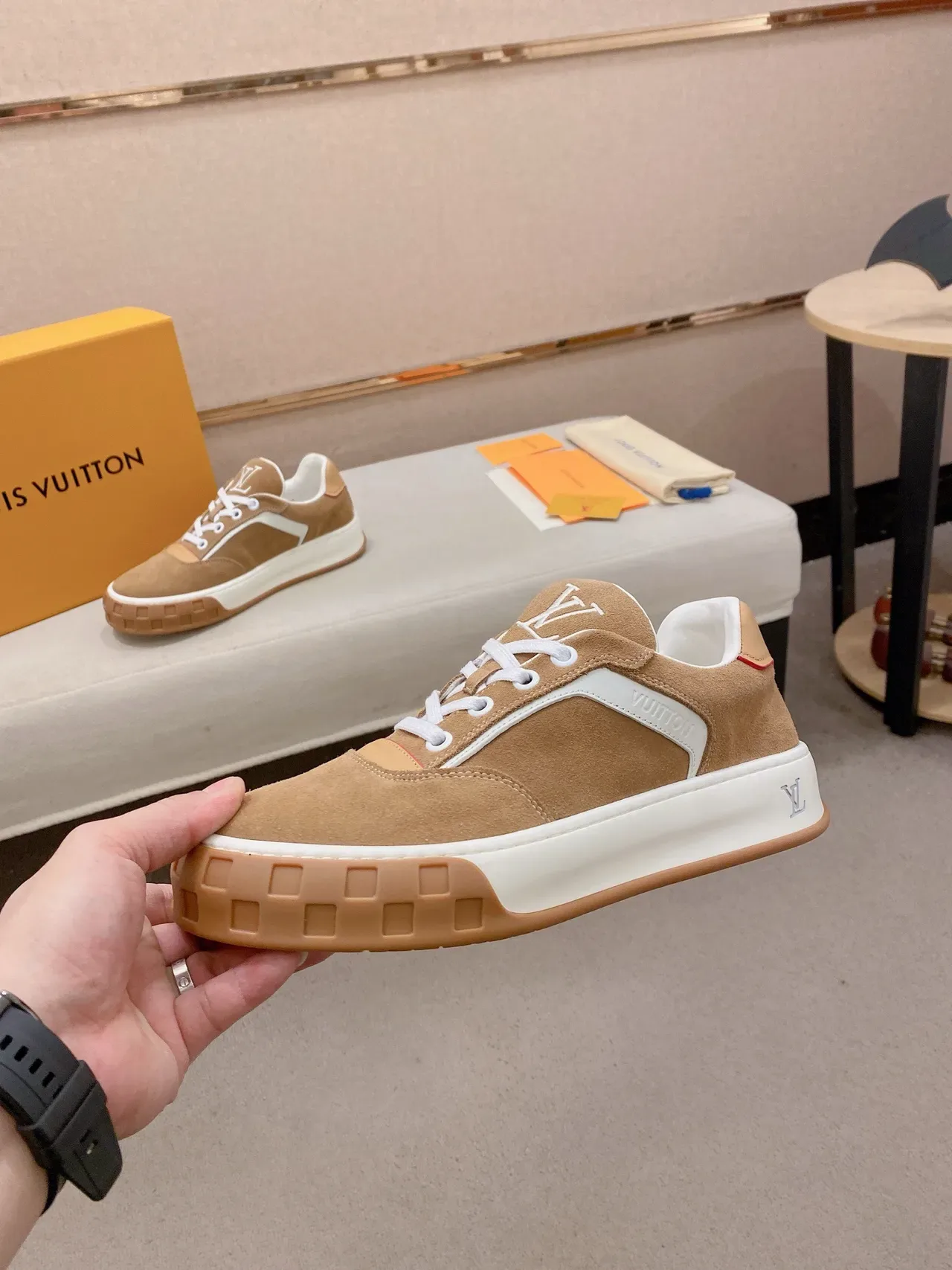 Louis Vuitton LV Trainer Beige White Suede Upper Grid-Patterned Outsole Lifestyle Sneakers 4