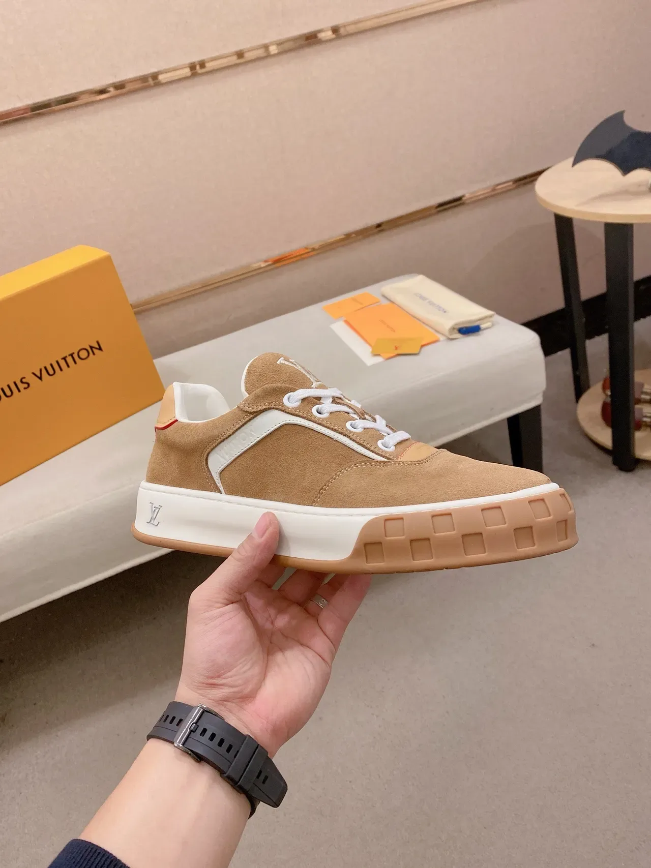 Louis Vuitton LV Trainer Beige White Suede Upper Grid-Patterned Outsole Lifestyle Sneakers 5