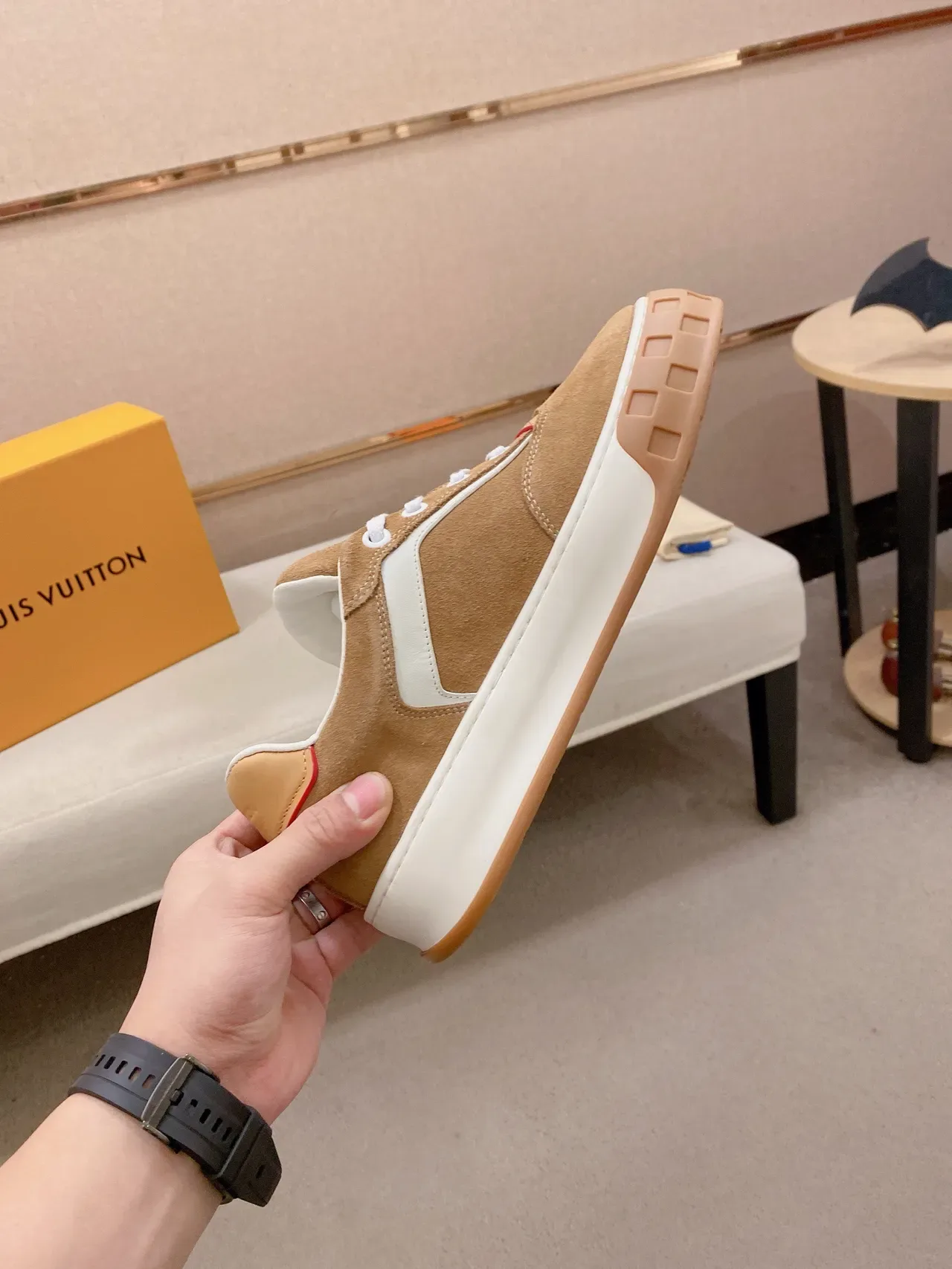 Louis Vuitton LV Trainer Beige White Suede Upper Grid-Patterned Outsole Lifestyle Sneakers 6