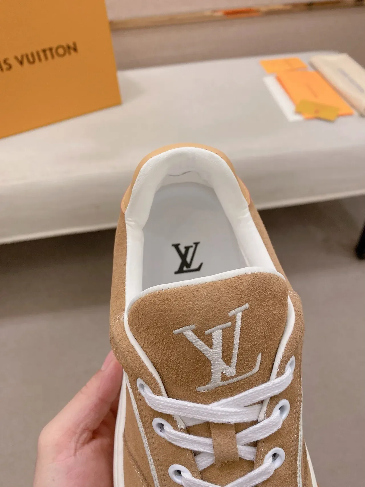 Louis Vuitton LV Trainer Beige White Suede Upper Grid-Patterned Outsole Lifestyle Sneakers 7
