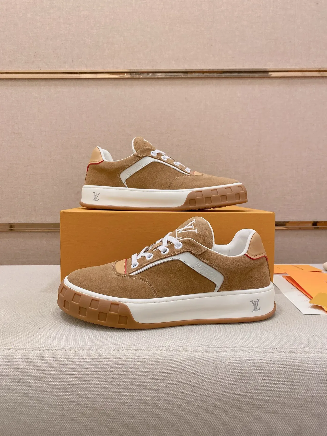 Louis Vuitton LV Trainer Beige White Suede Upper Grid-Patterned Outsole Lifestyle Sneakers 9