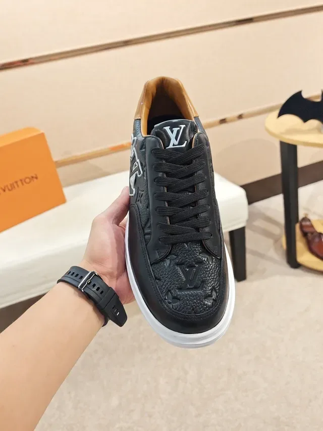 Louis Vuitton LV Trainer Black Beige Monogram Leather Perforated Toe Lifestyle Sneakers 6