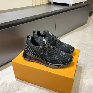 Louis Vuitton LV Trainer Tênis lifestyle pretos cinza tricô monograma superior esculpido sola intermediária multicamadas