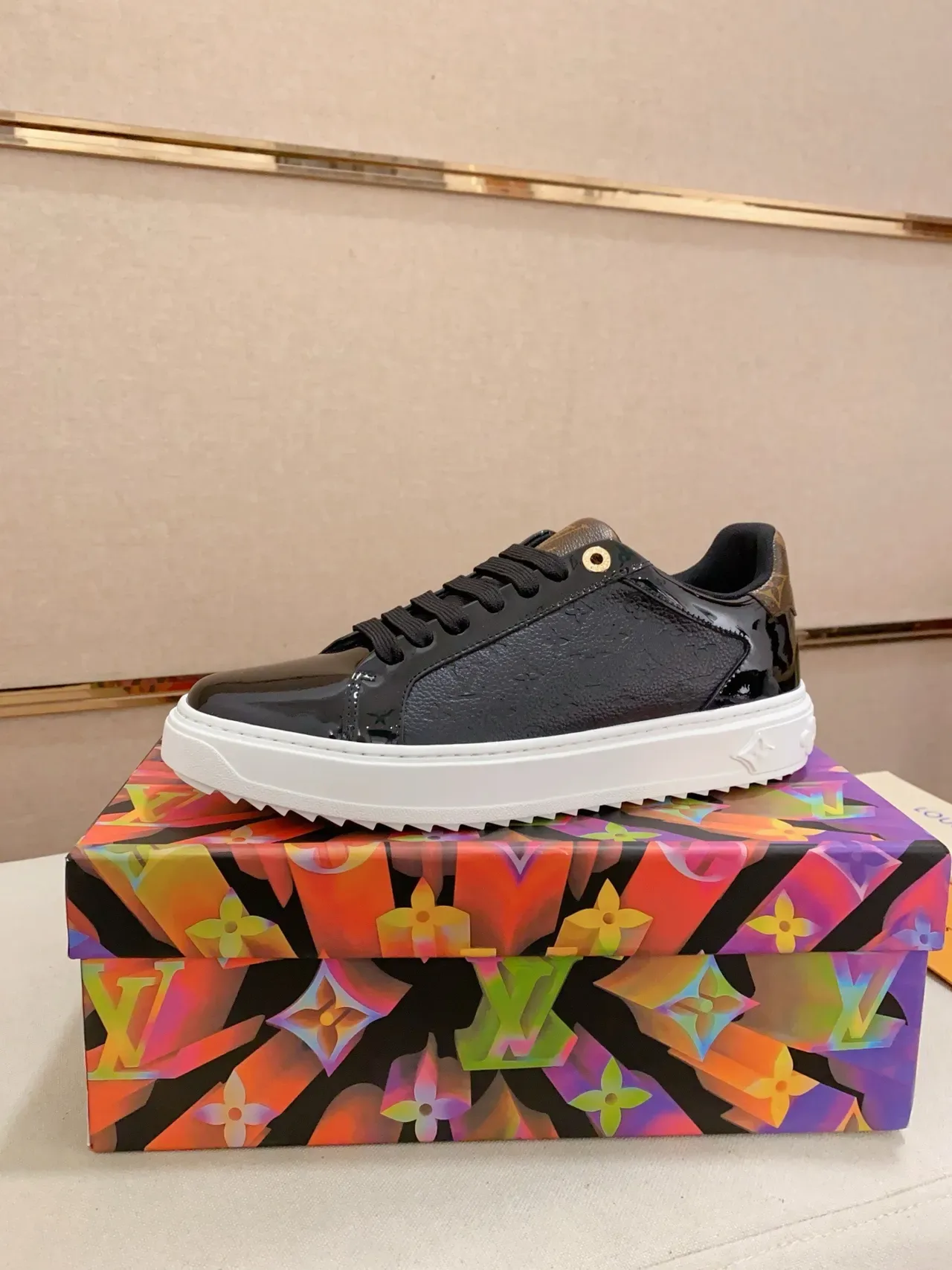 Louis Vuitton LV Trainer Black Multicolor Glossy Patent Toe Cap Embossed Monogram Leather Lifestyle Sneakers 1