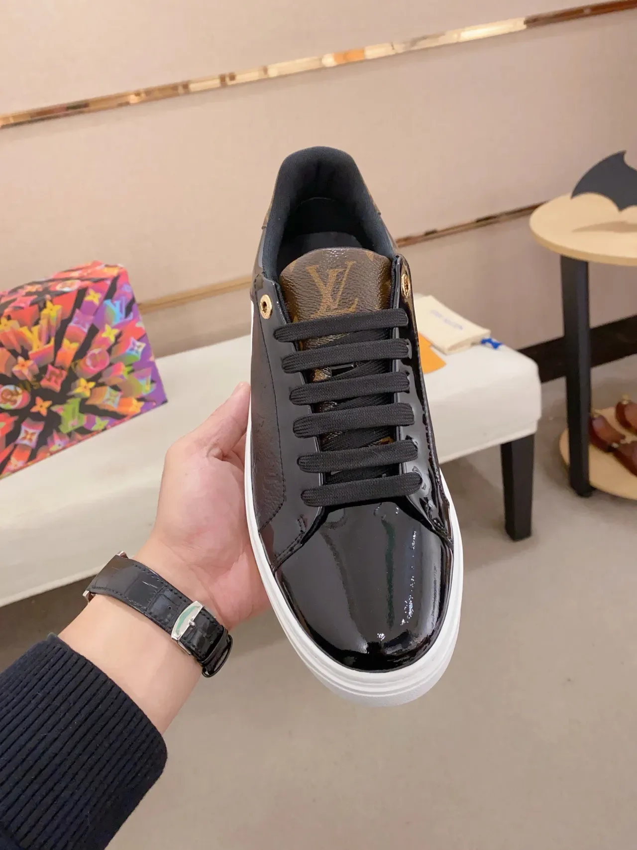 Louis Vuitton LV Trainer Black Multicolor Glossy Patent Toe Cap Embossed Monogram Leather Lifestyle Sneakers 2