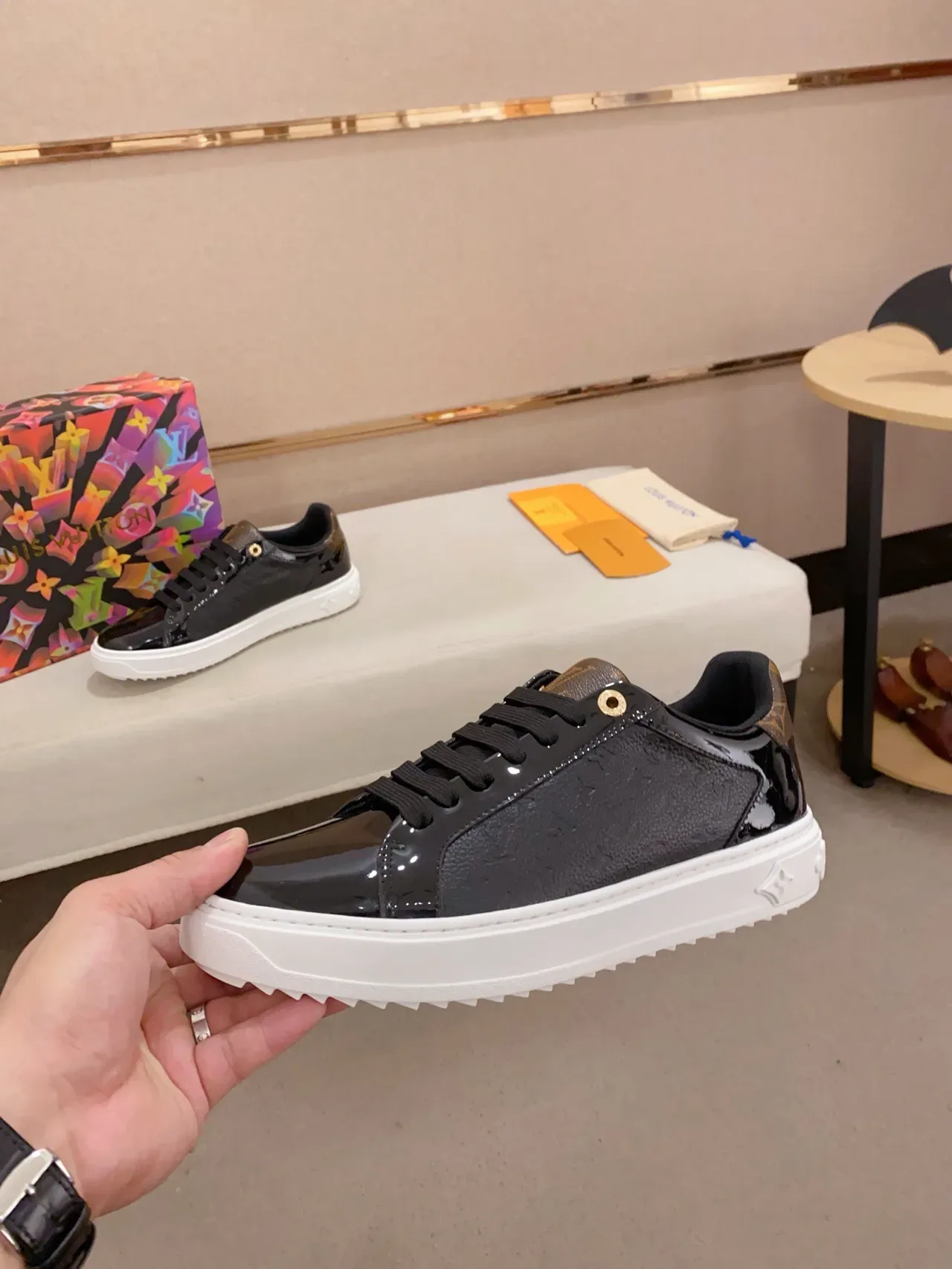 Louis Vuitton LV Trainer Black Multicolor Glossy Patent Toe Cap Embossed Monogram Leather Lifestyle Sneakers 3