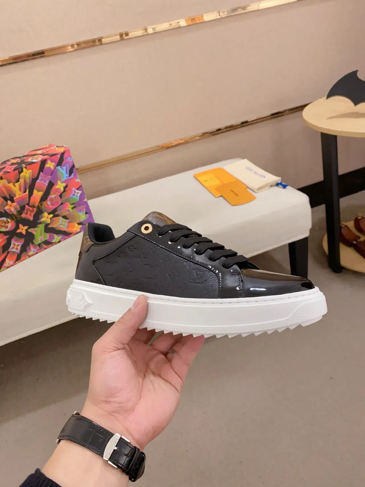 Louis Vuitton LV Trainer Black Multicolor Glossy Patent Toe Cap Embossed Monogram Leather Lifestyle Sneakers 4