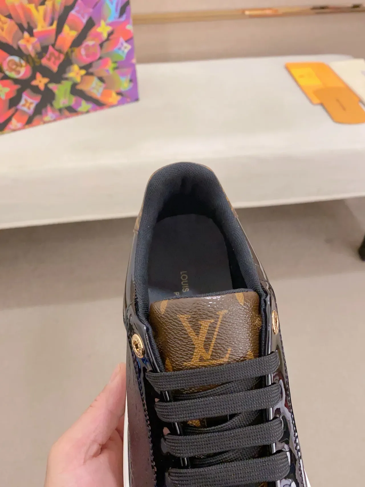 Louis Vuitton LV Trainer Black Multicolor Glossy Patent Toe Cap Embossed Monogram Leather Lifestyle Sneakers 6