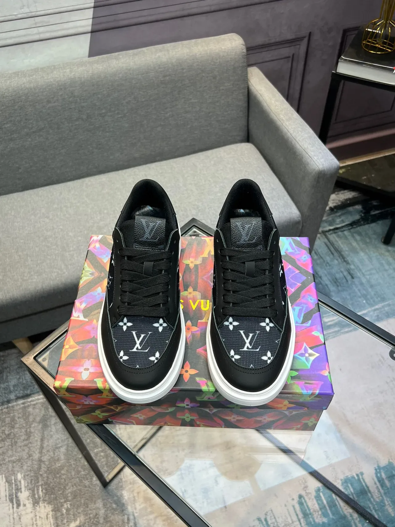 Louis Vuitton LV Trainer Black White Monogram-Print Textile Contrast Lifestyle Sneakers 2