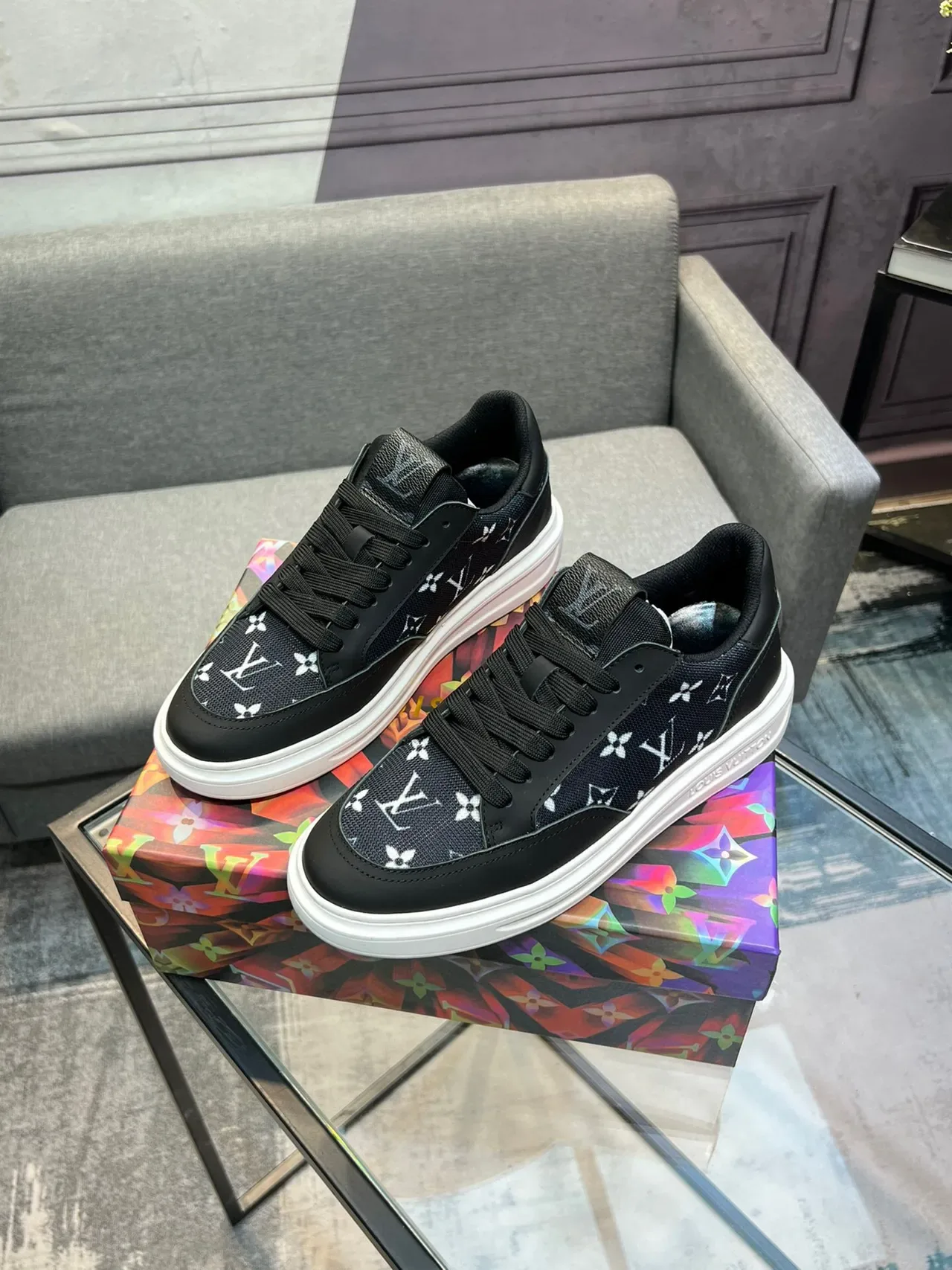 Louis Vuitton LV Trainer Black White Monogram-Print Textile Contrast Lifestyle Sneakers 3