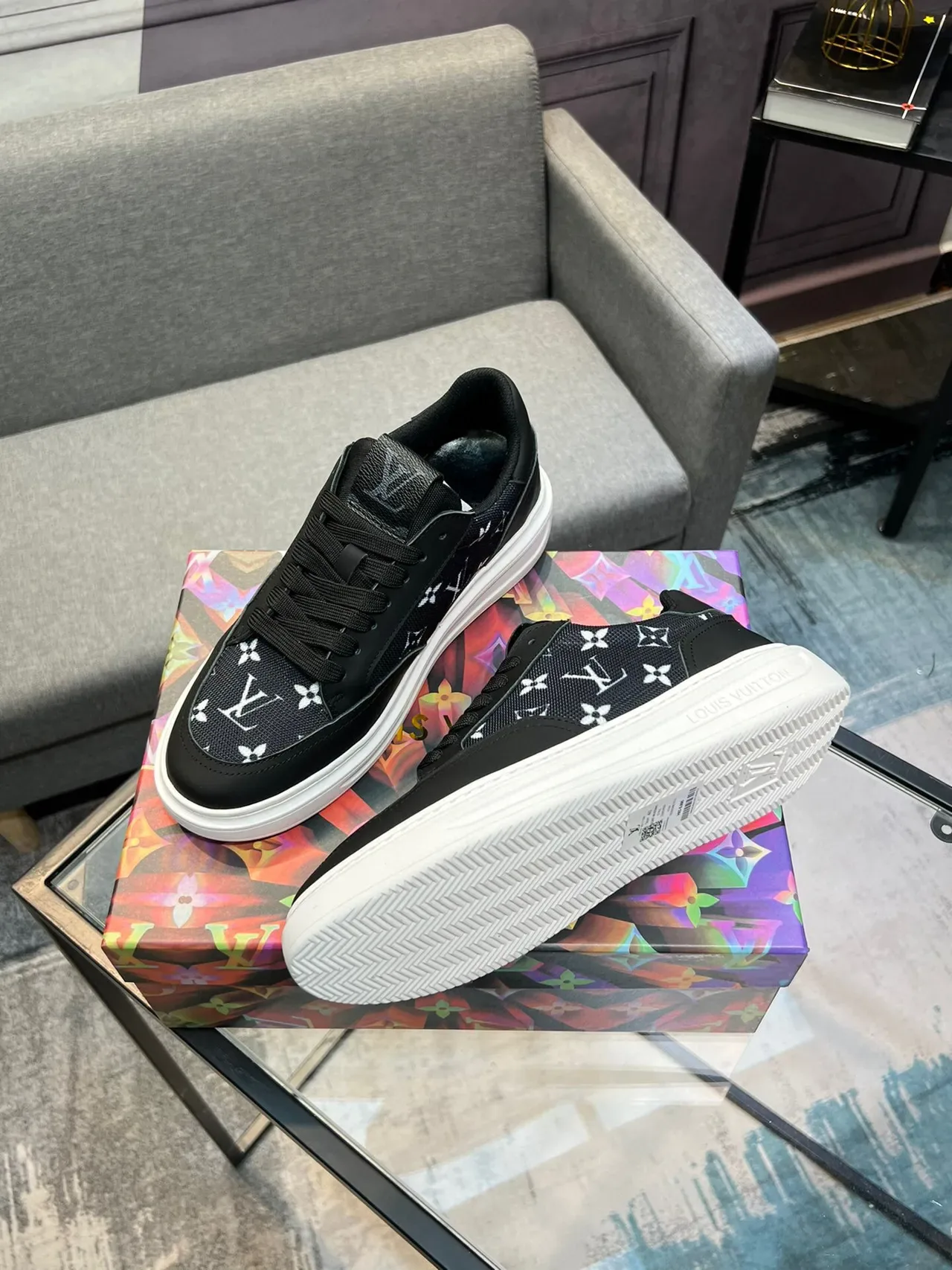 Louis Vuitton LV Trainer Black White Monogram-Print Textile Contrast Lifestyle Sneakers 4