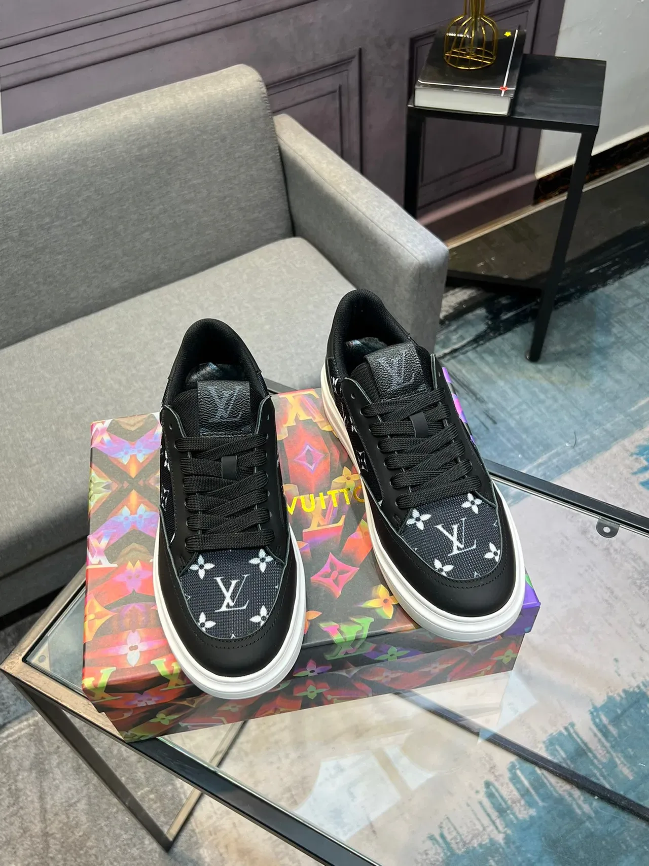 Louis Vuitton LV Trainer Black White Monogram-Print Textile Contrast Lifestyle Sneakers 5