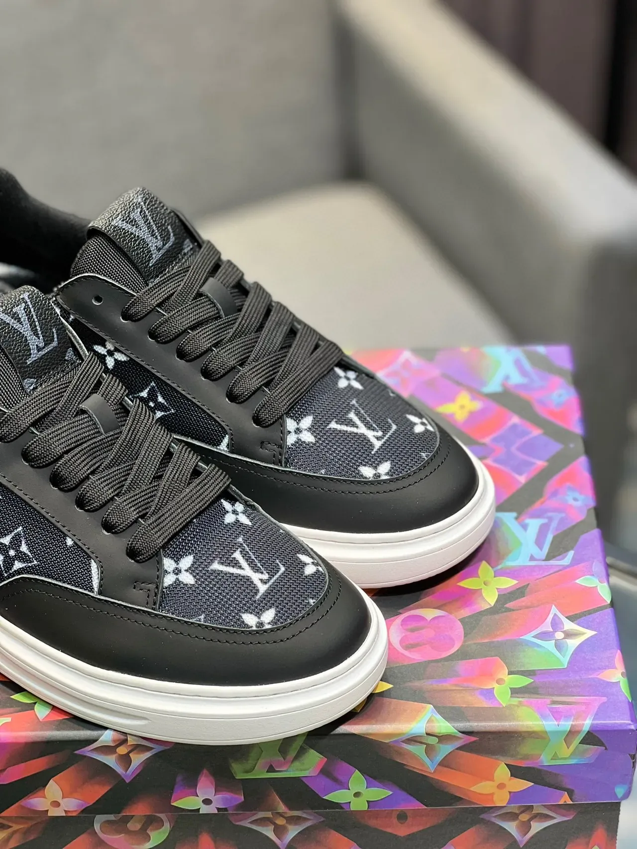 Louis Vuitton LV Trainer Black White Monogram-Print Textile Contrast Lifestyle Sneakers 8