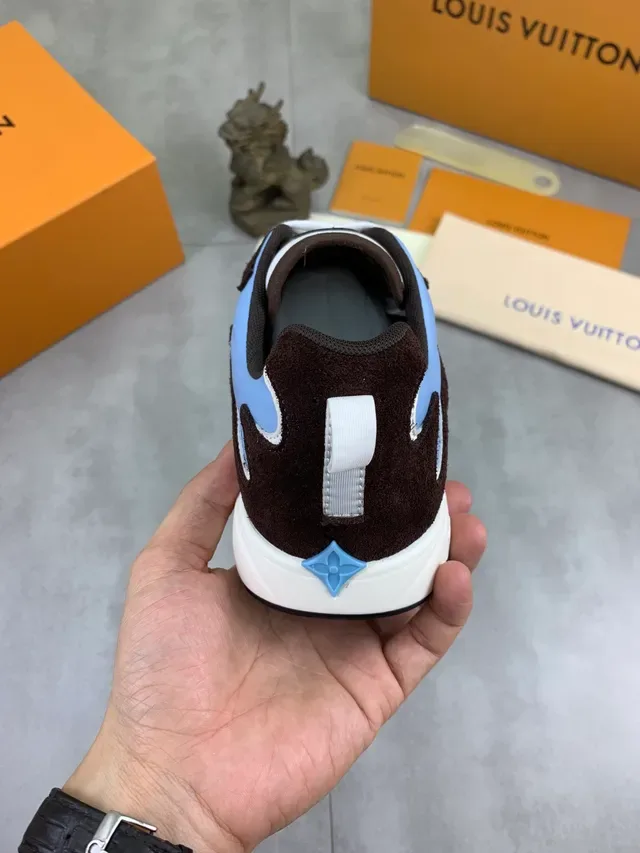 Louis Vuitton LV Trainer Blue Brown Asymmetrical Panel Construction Mixed Textile And Suede Lifestyle Sneakers 3