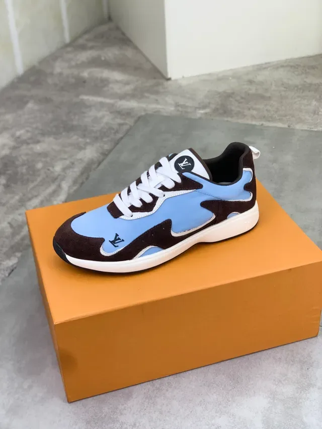 Louis Vuitton LV Trainer Blue Brown Asymmetrical Panel Construction Mixed Textile And Suede Lifestyle Sneakers 4