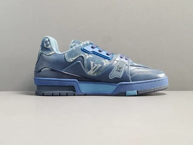 Louis Vuitton LV Trainer Blue Navy Monogrammed Denim-Leather Hybrid Sculpted Multi-Tone Midsole Lifestyle Sneakers 15