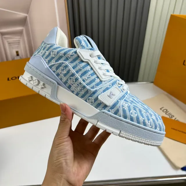 Louis Vuitton LV Trainer Blue White Striped Monogram Canvas Chunky Sculpted Midsole Lifestyle Sneakers 4
