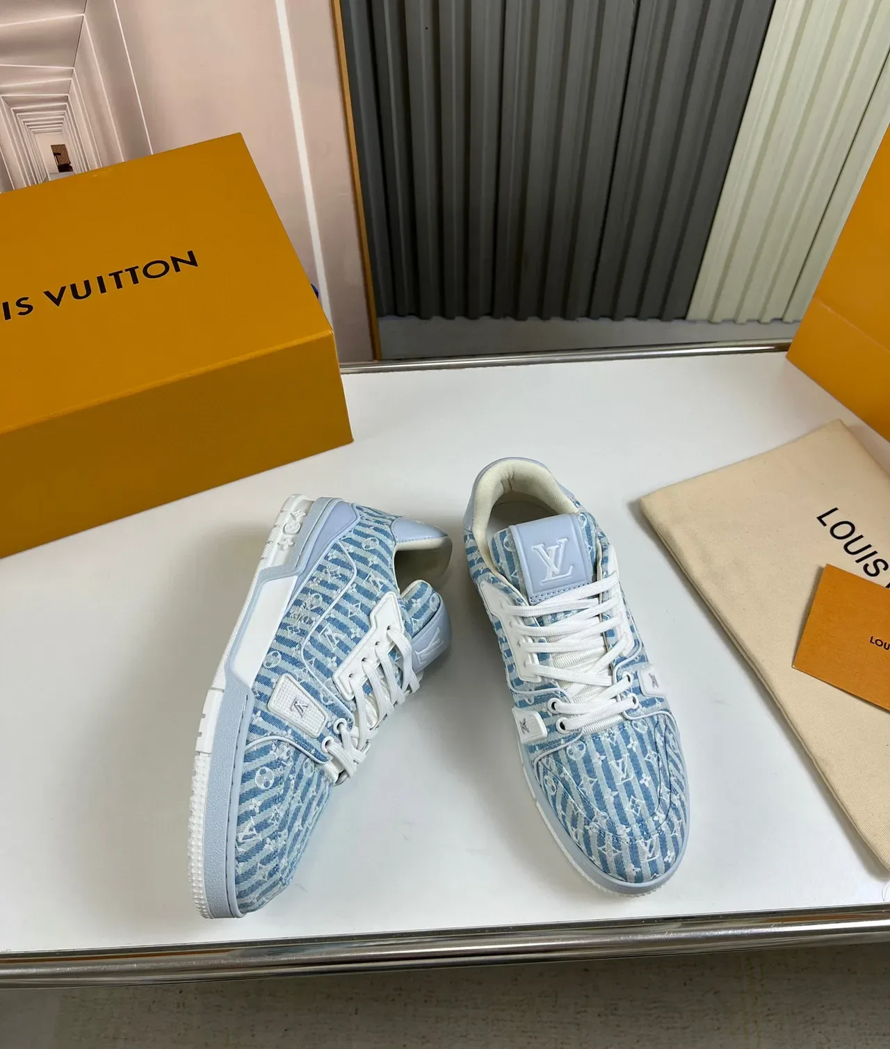 Louis Vuitton LV Trainer Blue White Striped Monogram Canvas Chunky Sculpted Midsole Lifestyle Sneakers 5