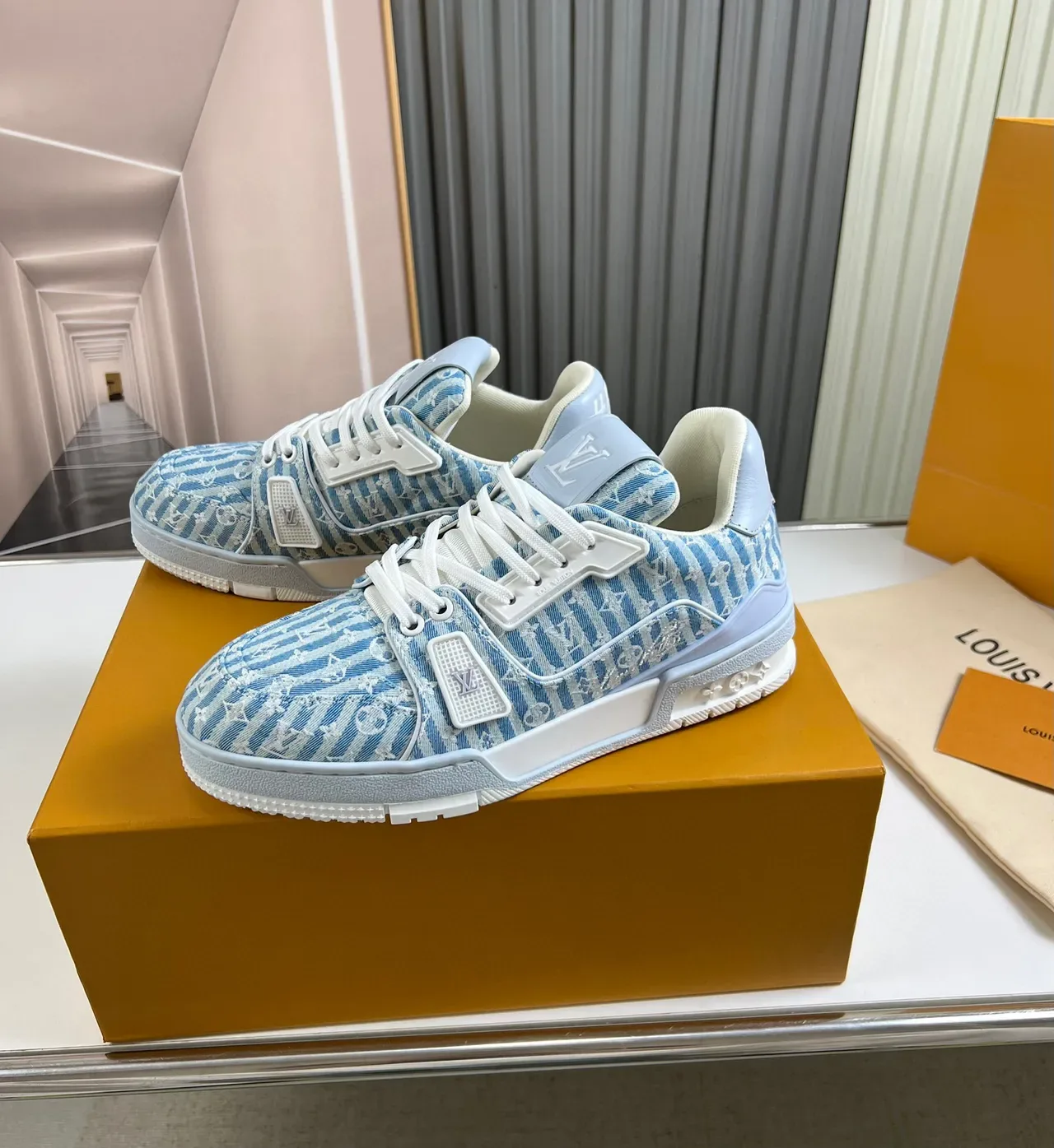 Louis Vuitton LV Trainer Blue White Striped Monogram Canvas Chunky Sculpted Midsole Lifestyle Sneakers 7