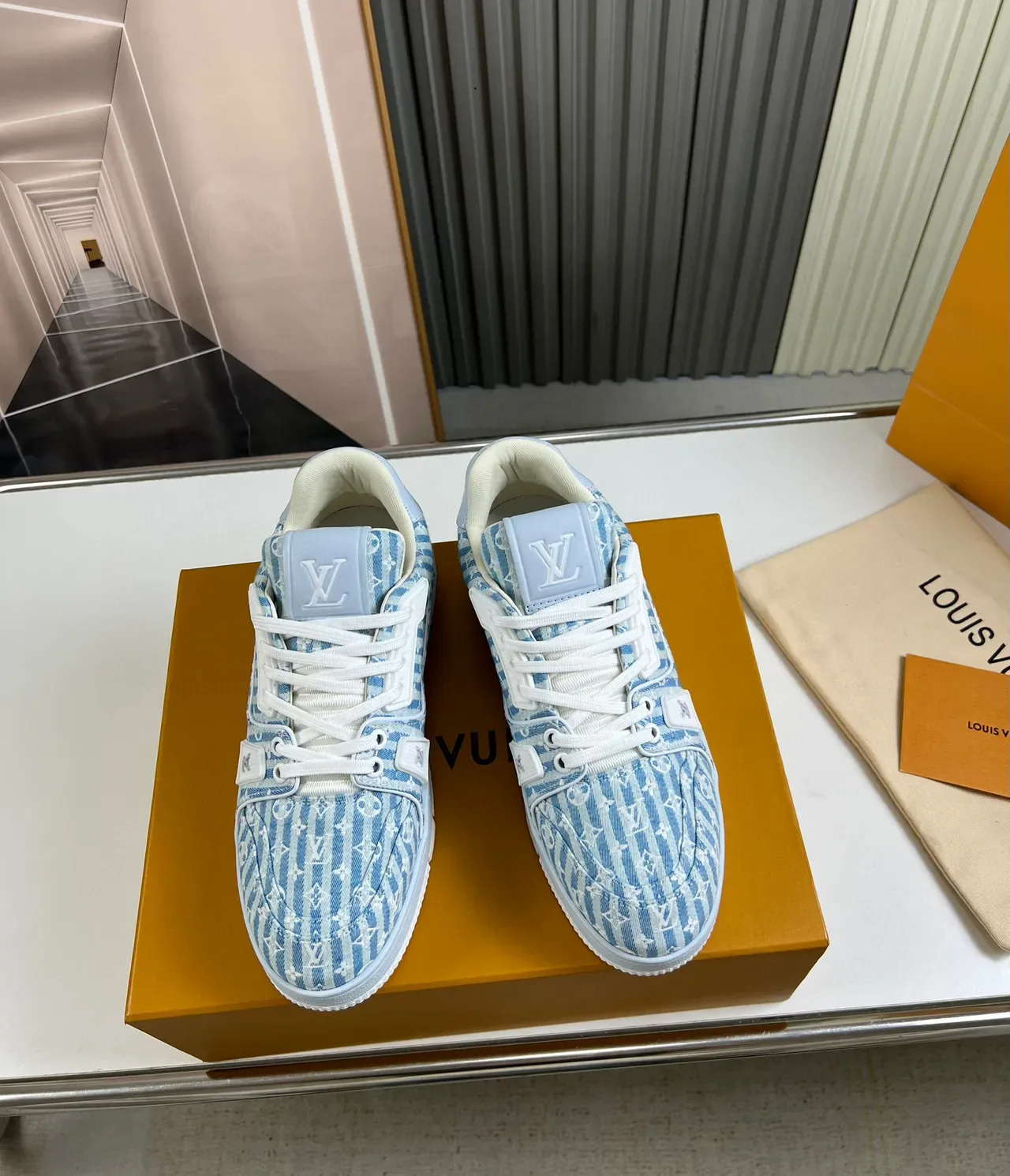 Louis Vuitton LV Trainer Blue White Striped Monogram Canvas Chunky Sculpted Midsole Lifestyle Sneakers 8