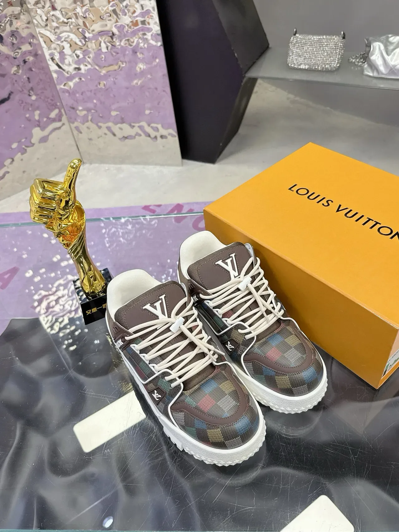 Louis Vuitton LV Trainer Brown Multicolor Checkered Upper Monogrammed Tongue Lifestyle Sneakers 1