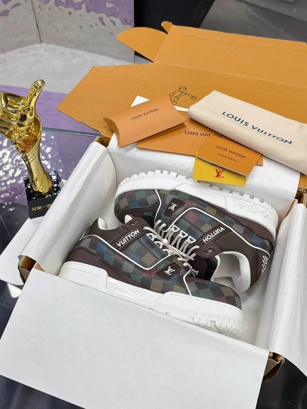 Louis Vuitton LV Trainer Brown Multicolor Checkered Upper Monogrammed Tongue Lifestyle Sneakers 2