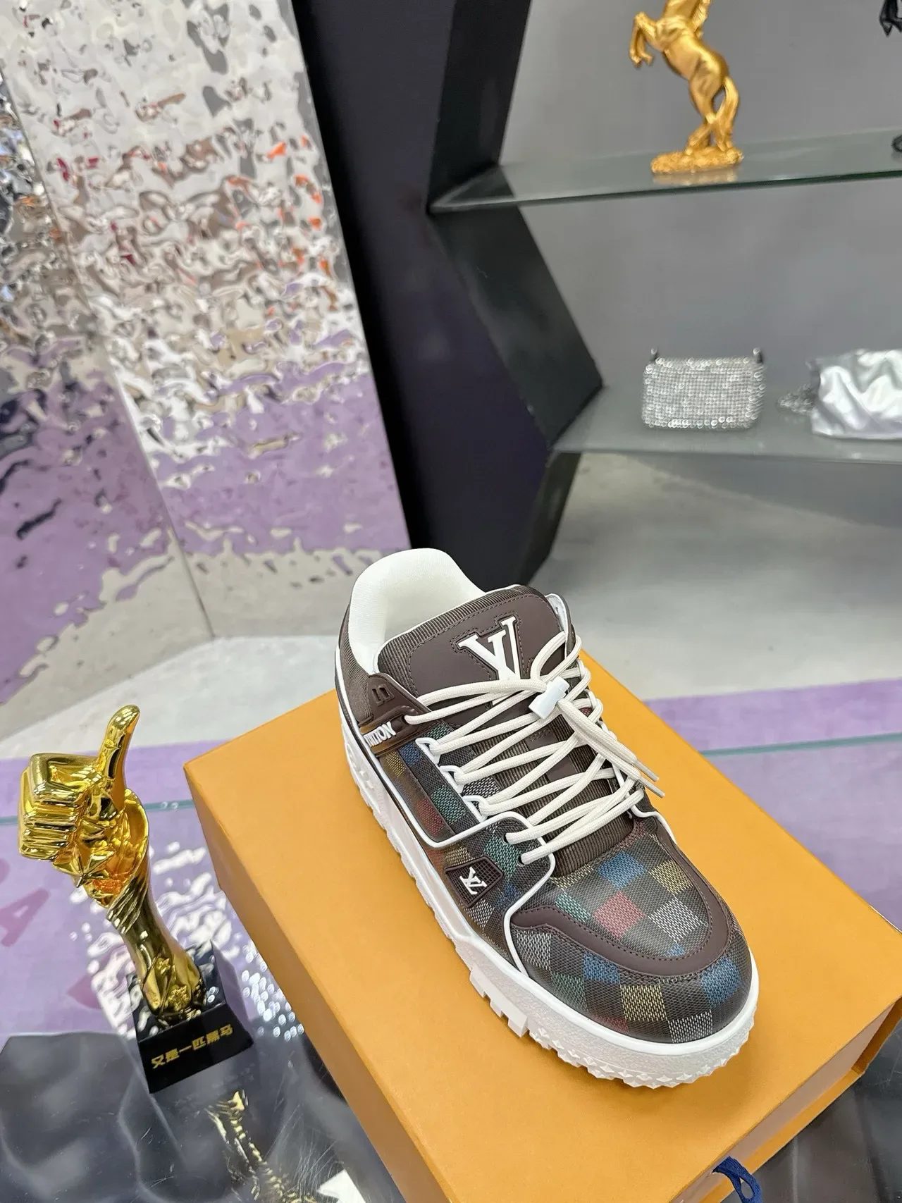 Louis Vuitton LV Trainer Brown Multicolor Checkered Upper Monogrammed Tongue Lifestyle Sneakers 3