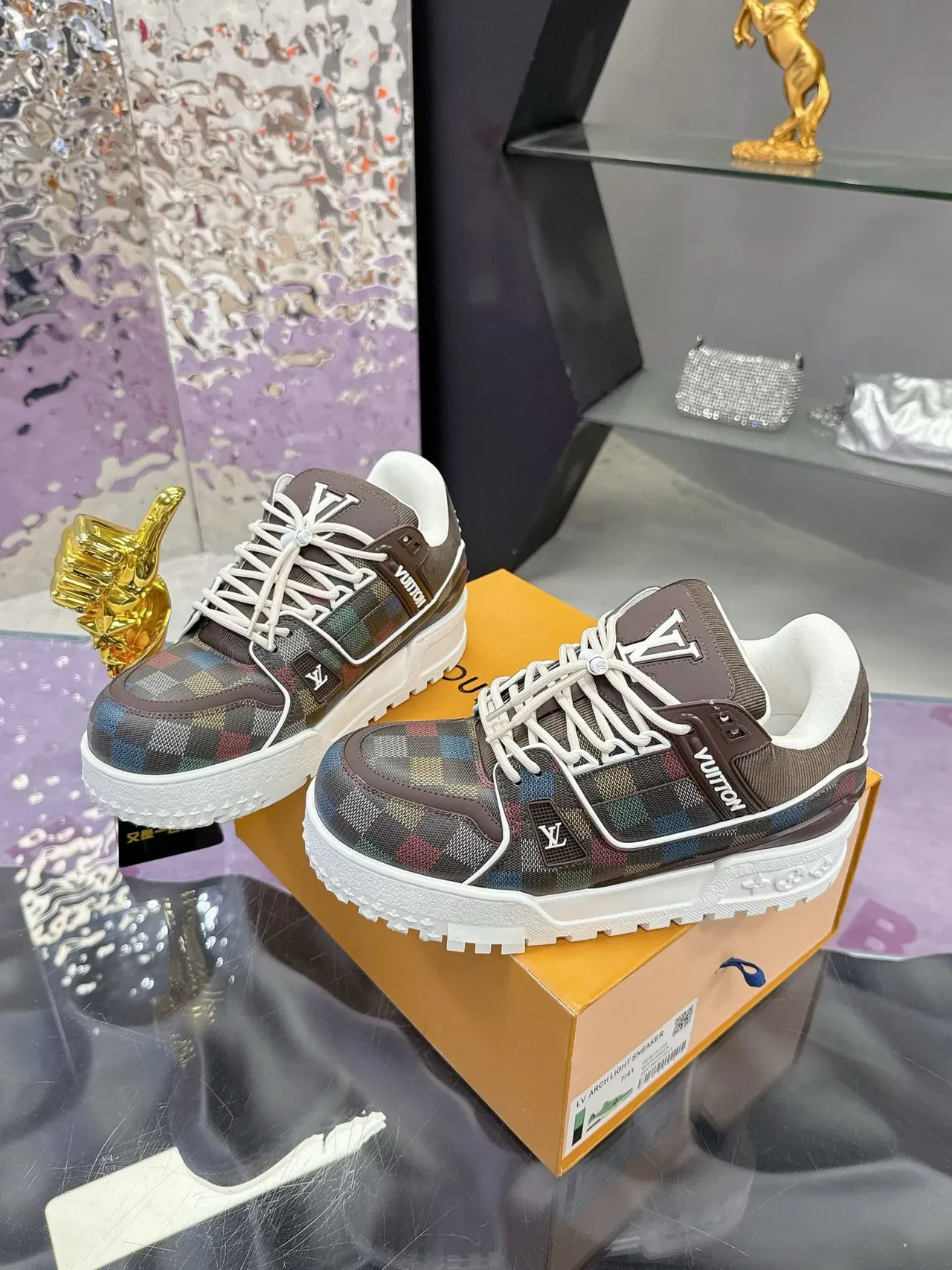 Louis Vuitton LV Trainer Brown Multicolor Checkered Upper Monogrammed Tongue Lifestyle Sneakers 4
