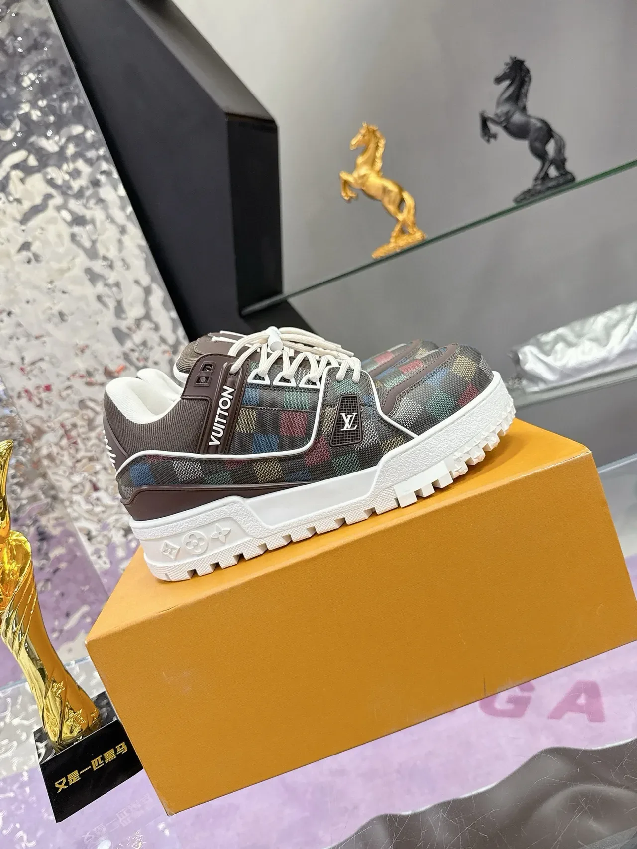 Louis Vuitton LV Trainer Brown Multicolor Checkered Upper Monogrammed Tongue Lifestyle Sneakers 5