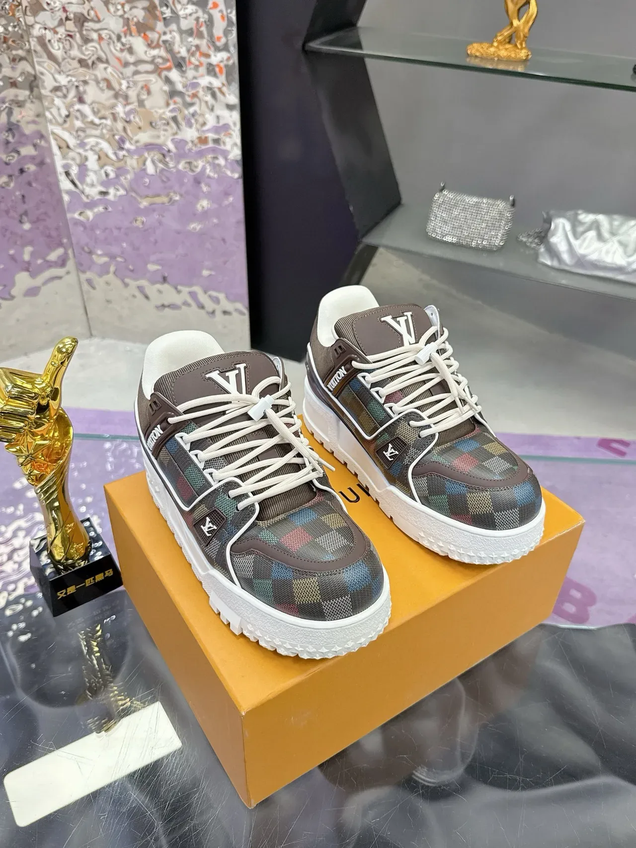 Louis Vuitton LV Trainer Brown Multicolor Checkered Upper Monogrammed Tongue Lifestyle Sneakers 6
