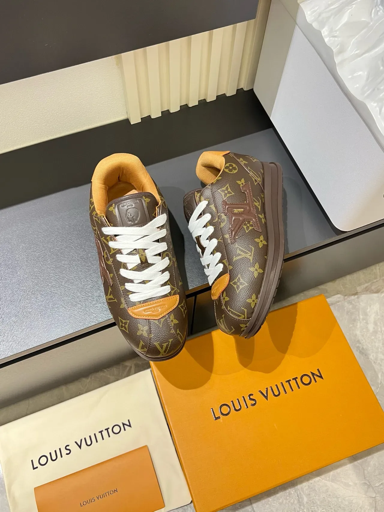 Louis Vuitton LV Trainer Brown Orange Monogram Canvas Embossed Logo Lifestyle Sneakers 4