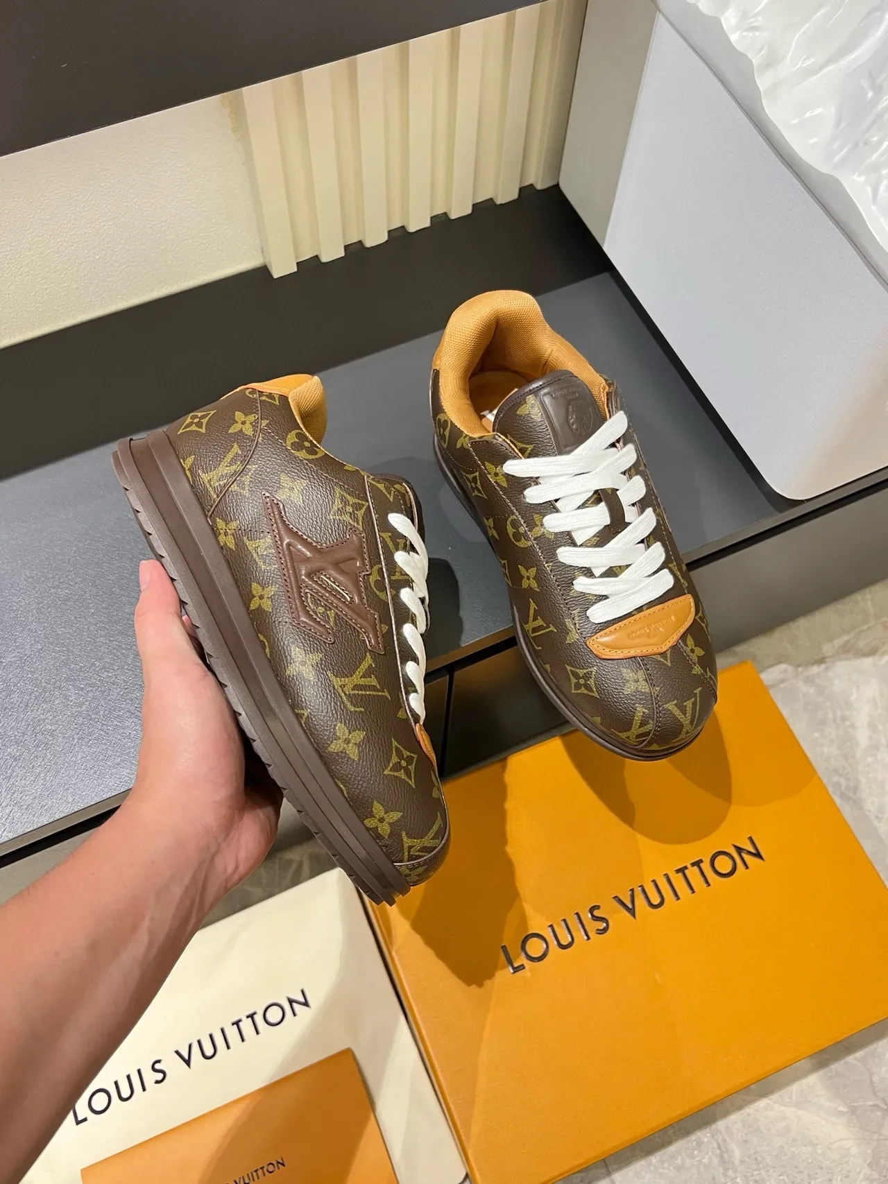 Louis Vuitton LV Trainer Brown Orange Monogram Canvas Embossed Logo Lifestyle Sneakers 6