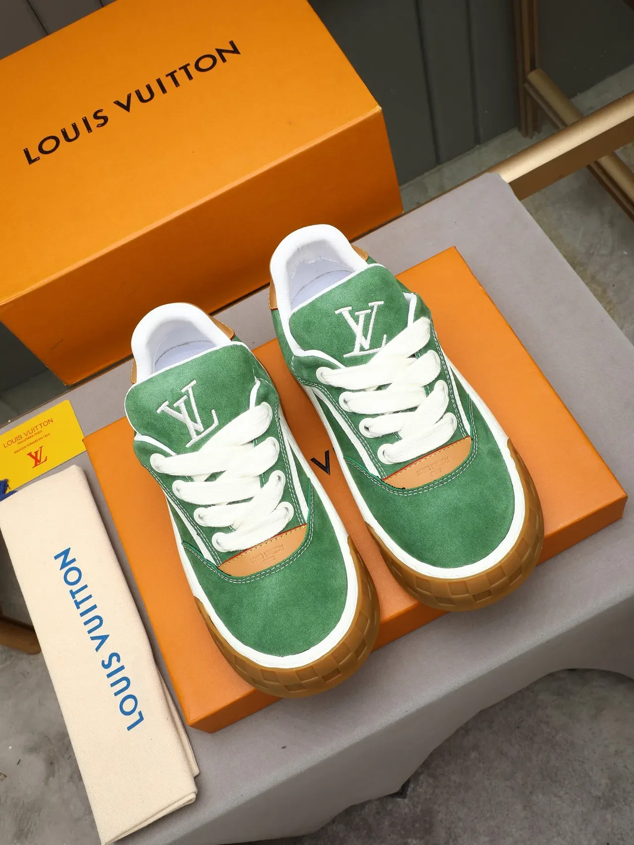 Louis Vuitton LV Trainer Green Beige Suede Upper Contrast Paneling Lifestyle Sneakers 2