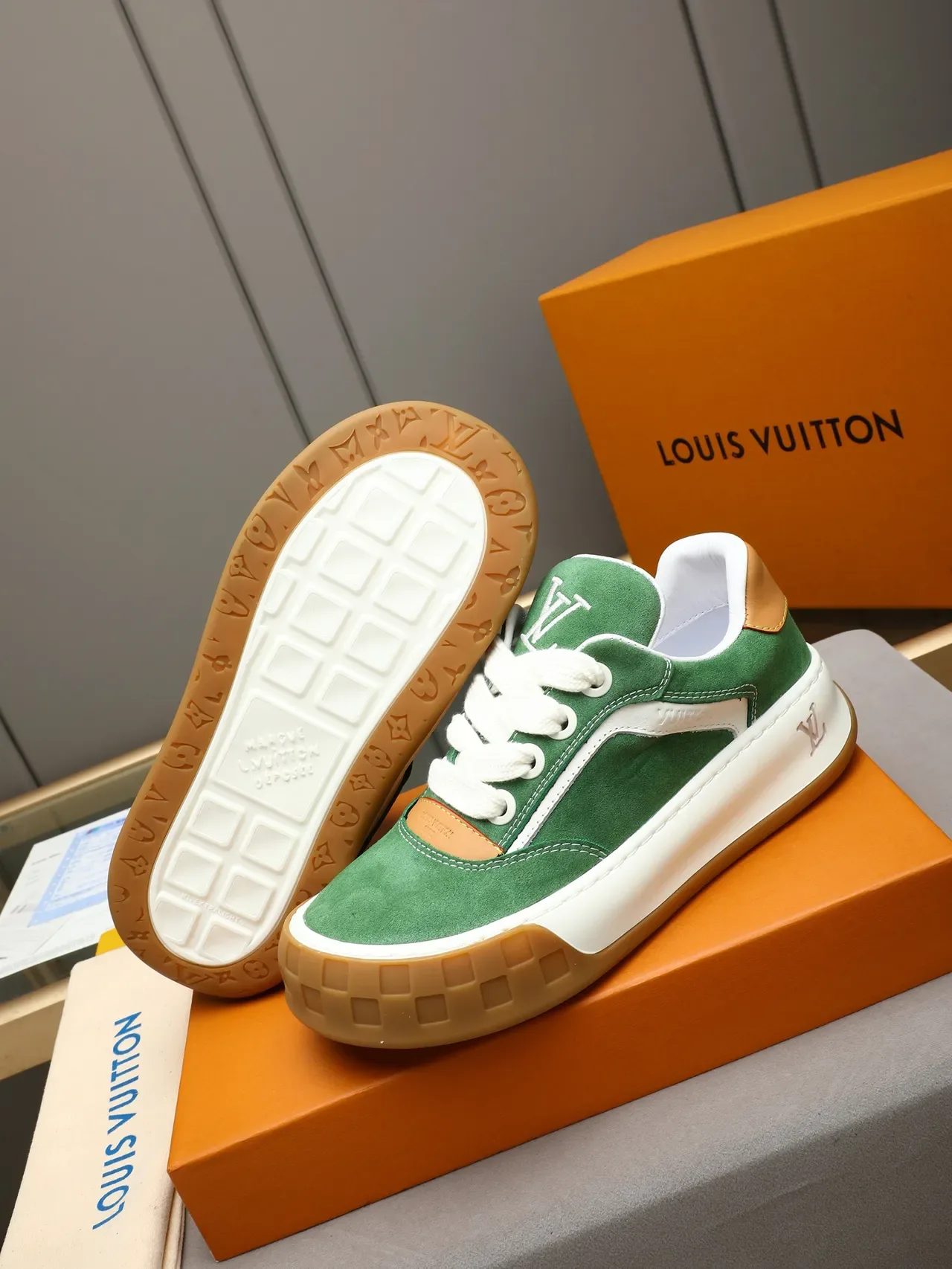 Louis Vuitton LV Trainer Green Beige Suede Upper Contrast Paneling Lifestyle Sneakers 4