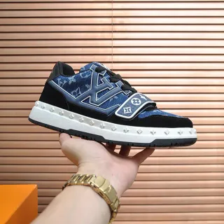 Louis Vuitton LV Trainer Navy Black Monogram Canvas Suede Overlays Tênis lifestyle