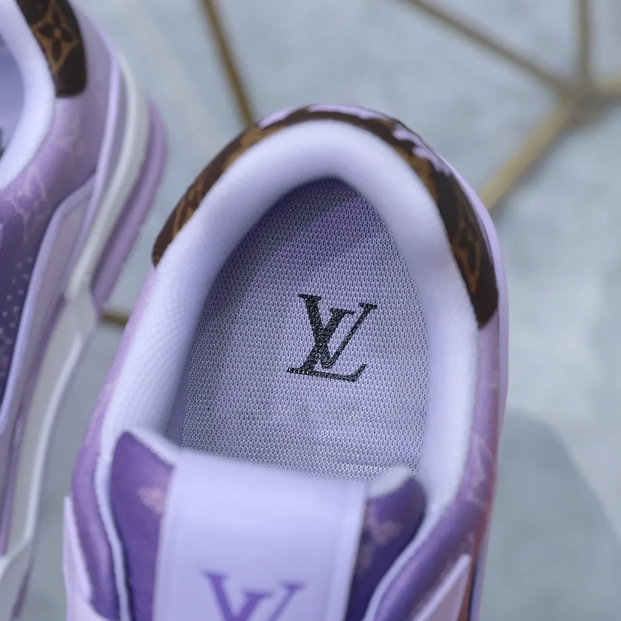 Louis Vuitton LV Trainer বেগুনি বাদামি লেয়ার্ড লেদার এবং মনোগ্রাম ক্যানভাস লাইফস্টাইল স্নিকার 2