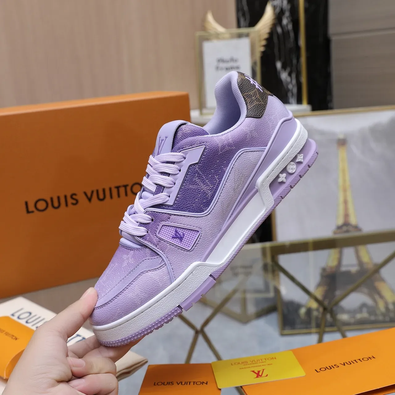 Louis Vuitton LV Trainer বেগুনি বাদামি লেয়ার্ড লেদার এবং মনোগ্রাম ক্যানভাস লাইফস্টাইল স্নিকার 3