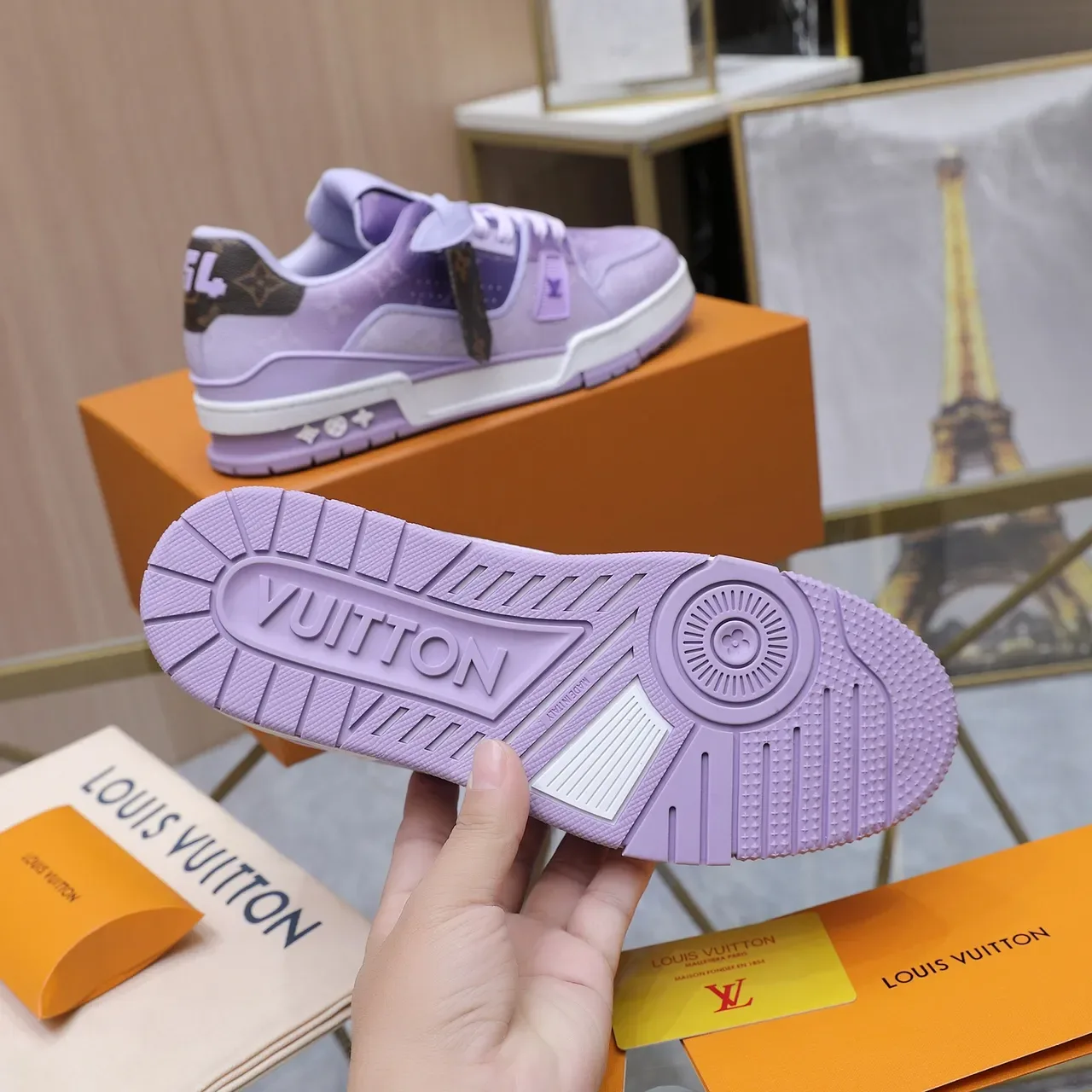 Louis Vuitton LV Trainer বেগুনি বাদামি লেয়ার্ড লেদার এবং মনোগ্রাম ক্যানভাস লাইফস্টাইল স্নিকার 4