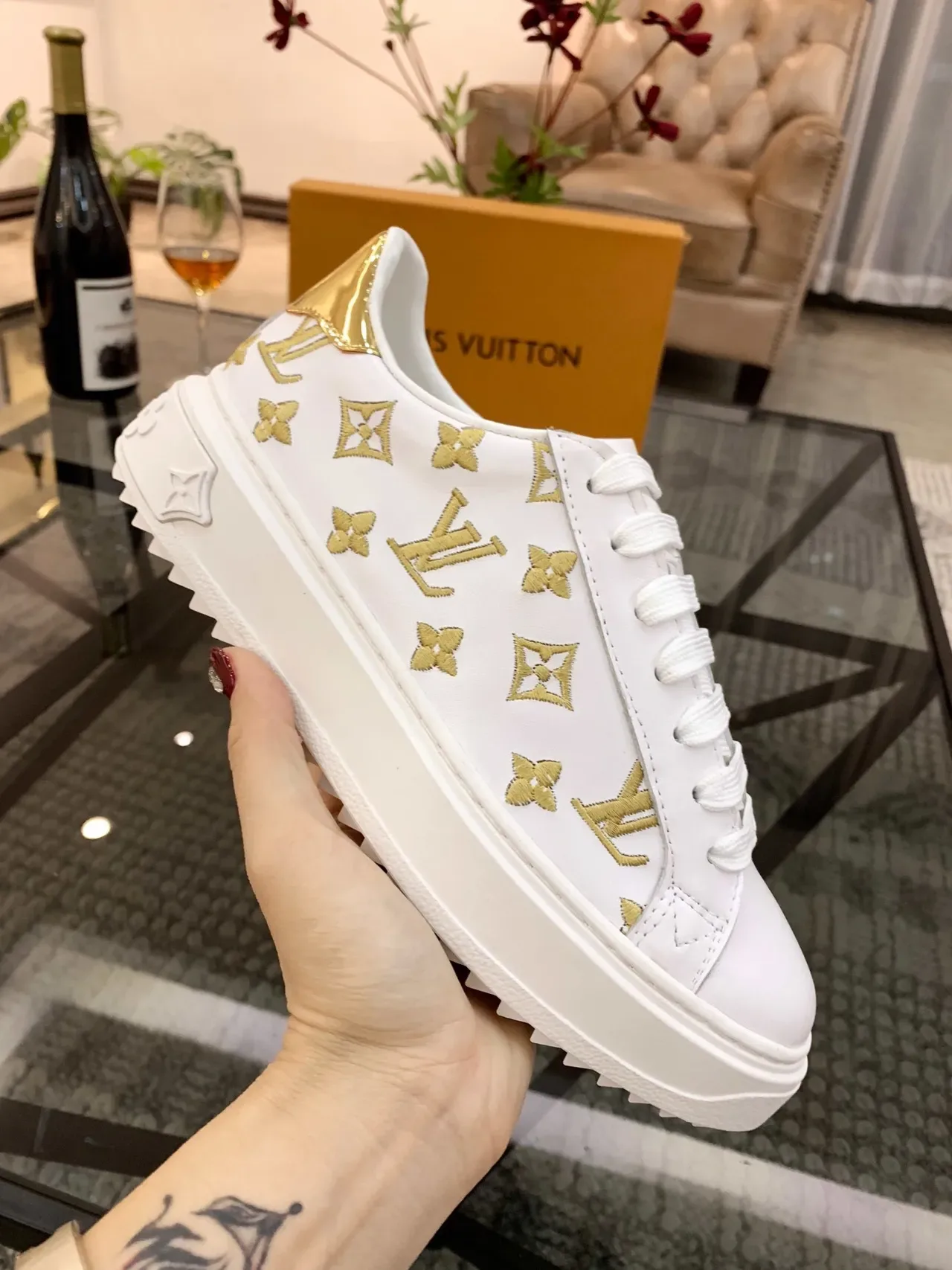 Louis Vuitton LV Trainer White and Gold Monogram Lifestyle Sneakers 2