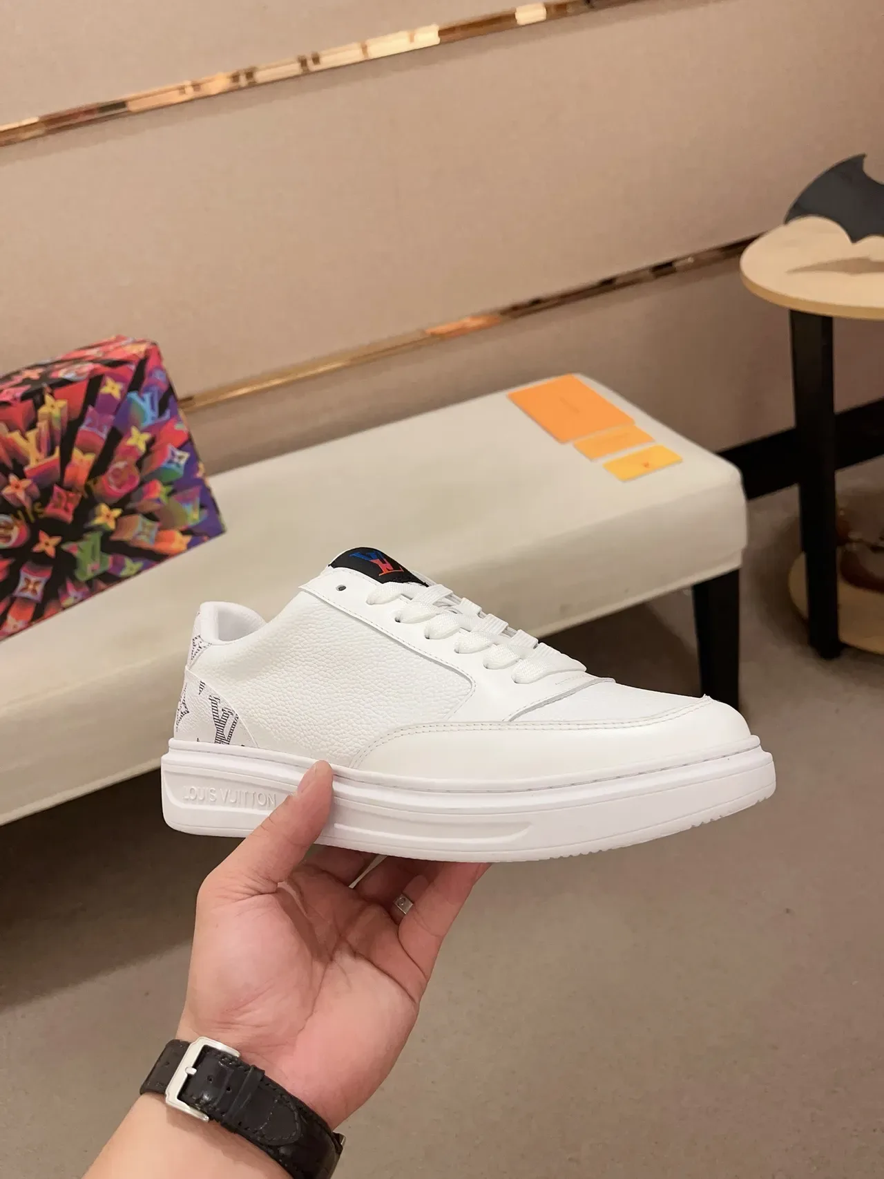 Louis Vuitton LV Trainer White Black Pebbled Leather Monogram-Print Heel Lifestyle Sneakers 4