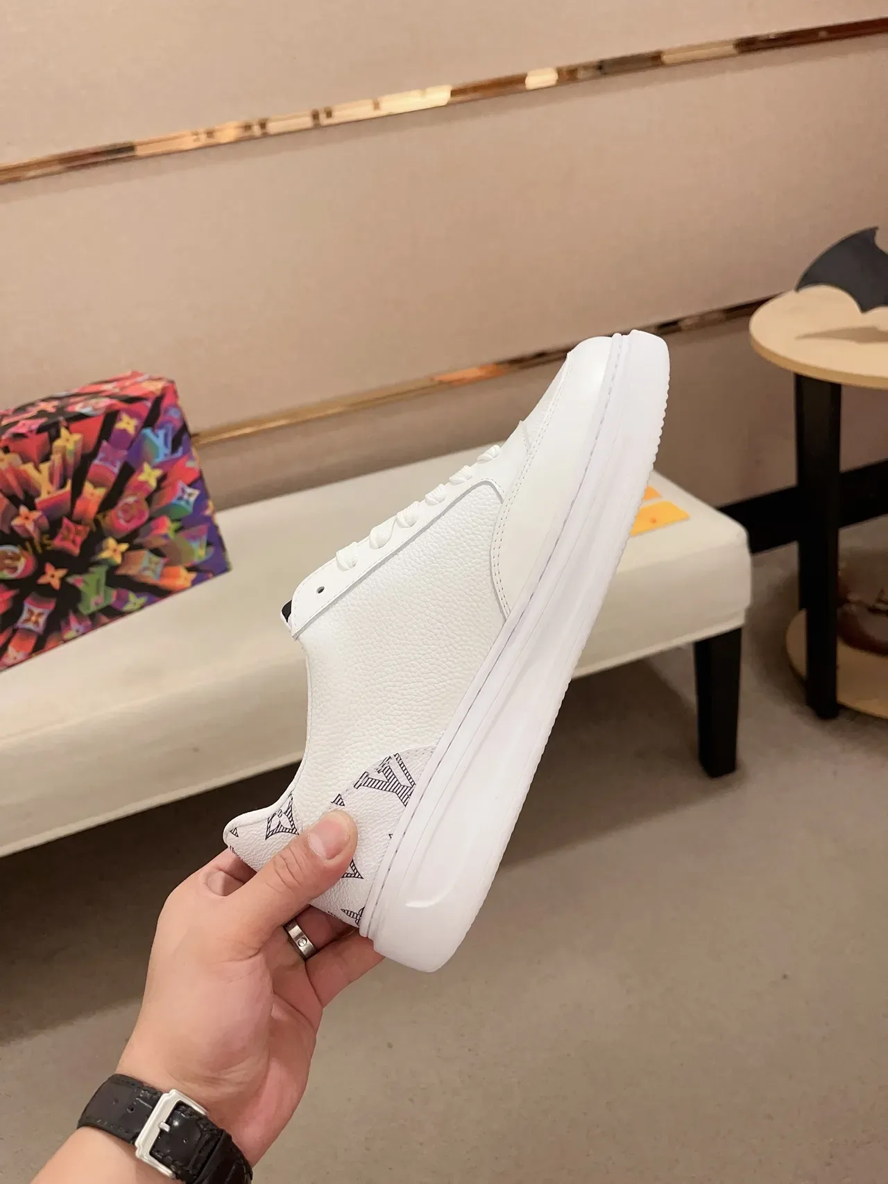 Louis Vuitton LV Trainer White Black Pebbled Leather Monogram-Print Heel Lifestyle Sneakers 5
