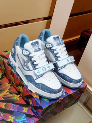 Louis Vuitton LV Trainer White Blue Denim-Print Overlay Mesh Side Panel Lifestyle Sneakers 2
