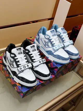 Louis Vuitton LV Trainer White Blue Denim-Print Overlay Mesh Side Panel Lifestyle Sneakers 3