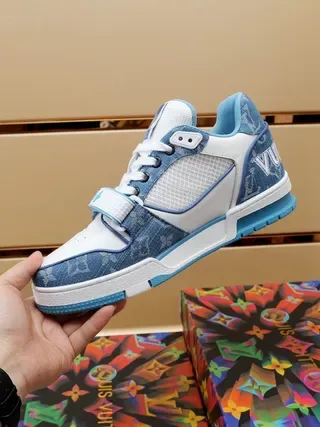 Louis Vuitton LV Trainer White Blue Denim-Print Overlay Mesh Side Panel Lifestyle Sneakers 8